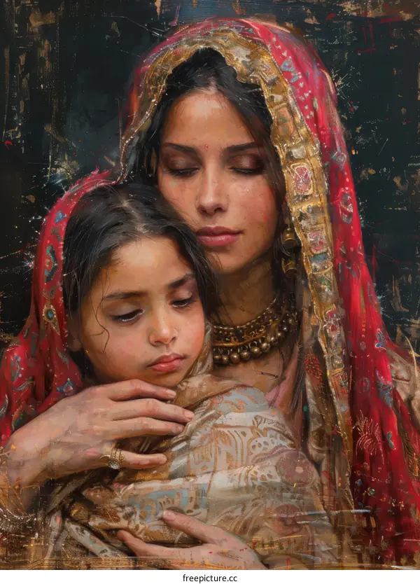 Portrait of Mother and Child in Traditional Indian Attire