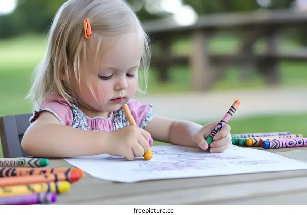 Little Girl Drawing with Crayons at a Table
