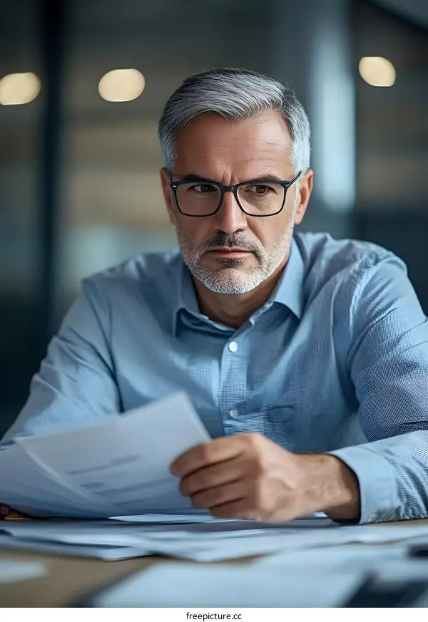 Serious Businessman Reviewing Documents in Office