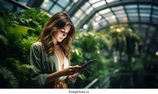 Attractive young woman in green jacket using tablet in tropical setting