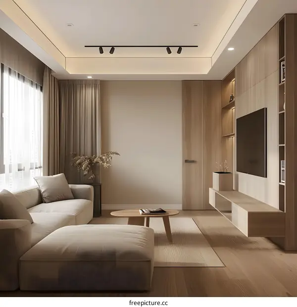 Modern Minimalist Living Room Interior Design with Beige Sofa and Wooden Walls