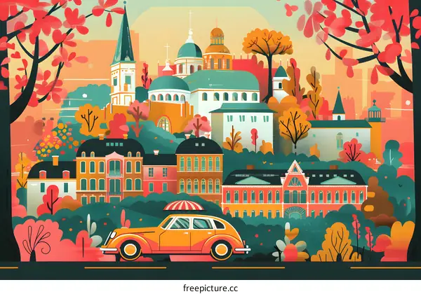Vintage Car Illustration with Cityscape and Autumn Leaves Background