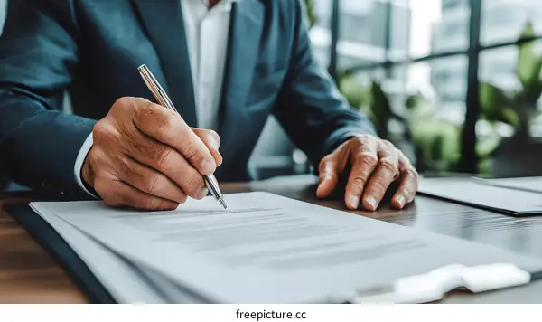 Close Up Of Businessman Signing Contract Document With Pen
