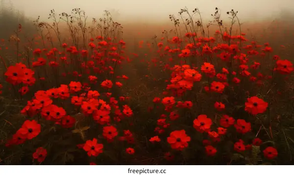 A Field of Vivid Red Flowers in Misty Atmosphere