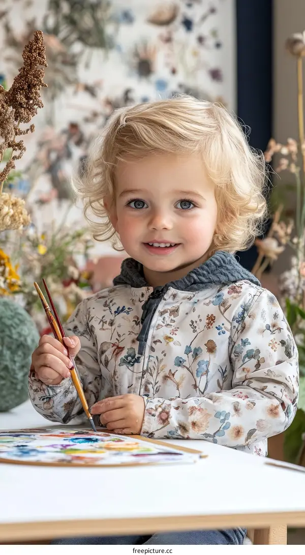 Little Girl Painting with Watercolor Flowers