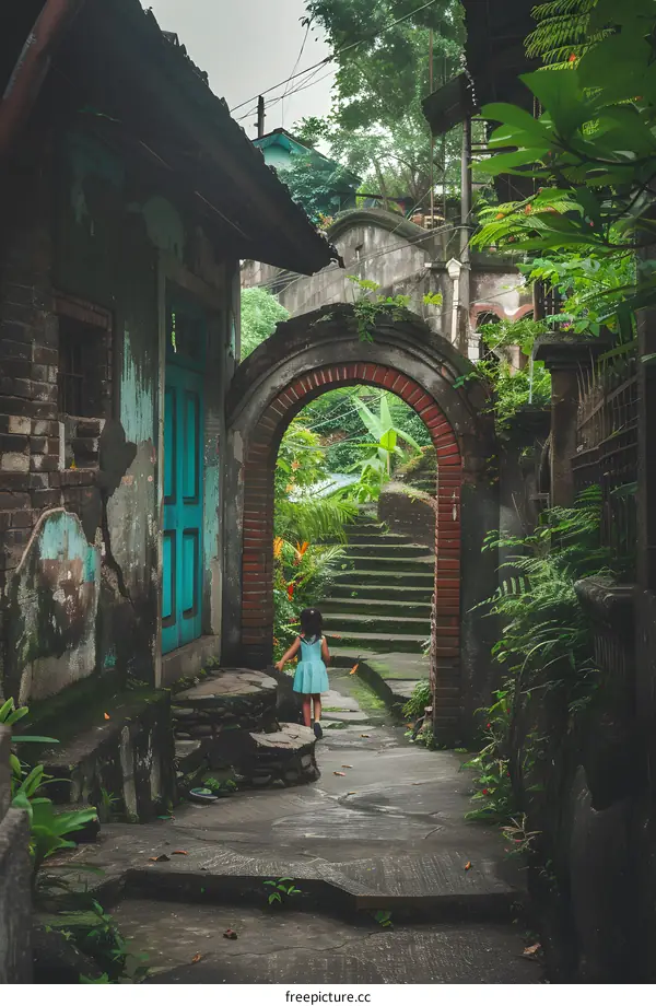 Little Girl Walking Through An Old Brick Archway