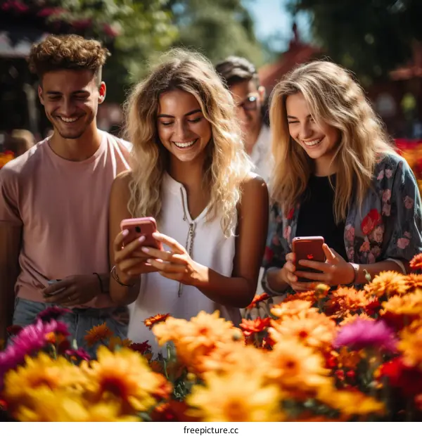 Three young friends looking at their phones in a field of flowers