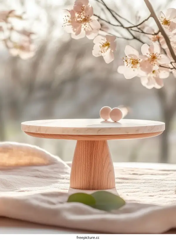 Elegant Marble and Wood Cake Stand with Spring Flowers
