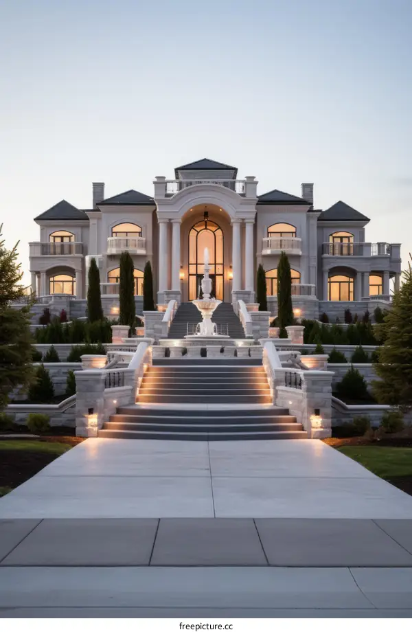 A magnificent mansion with a grand staircase and fountain in front