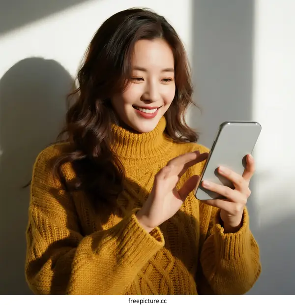 Young woman in yellow sweater using smartphone indoors