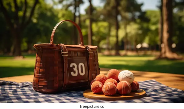 Still life of a picnic basket and balls