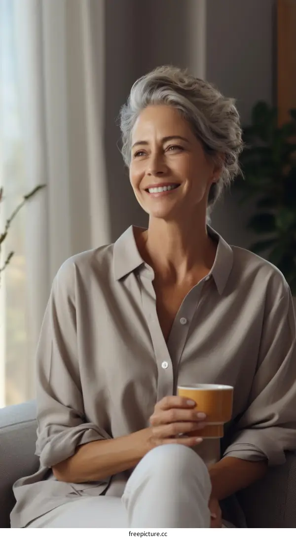 A beautiful middle-aged woman is sitting on a couch and holding a cup of coffee and smiling