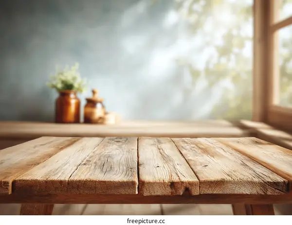 Rustic Wooden Table Top with Blurred Window Background