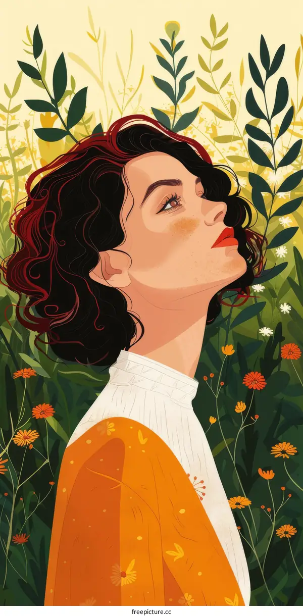 Curly Hair Girl with Freckles and Red Lips in a Garden