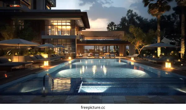 Luxury Poolside Evening View of Modern Villa
