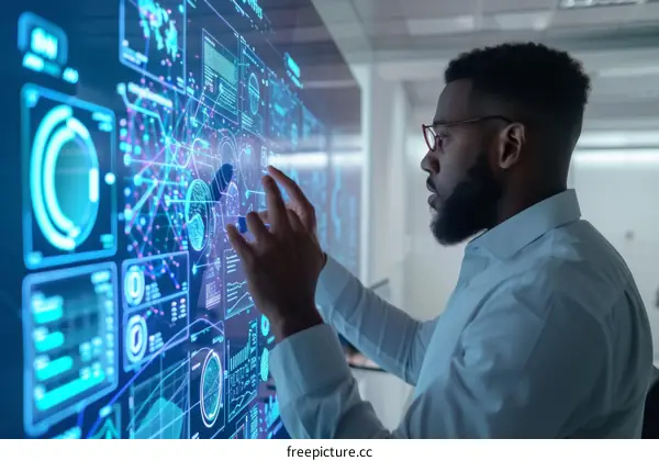 African American Man Interacting with Transparent Futuristic Screen