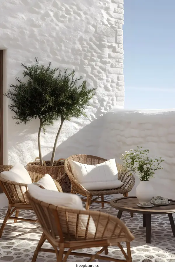 Mediterranean Style Patio with Wicker Chairs and White Wall