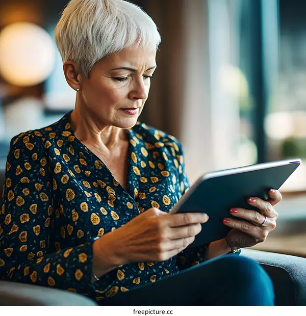 Senior Woman Sitting on Sofa Using a Tablet Computer