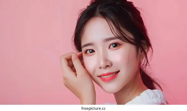 Beautiful Asian Woman with Pink Background