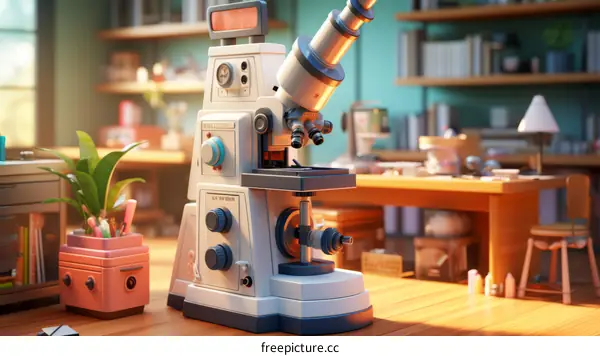 A Detailed Illustration of a Vintage Microscope in a Home Office