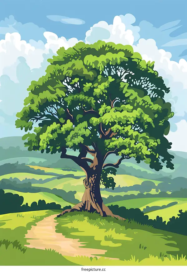 Large Tree on Hillside with Green Grass and Blue Sky