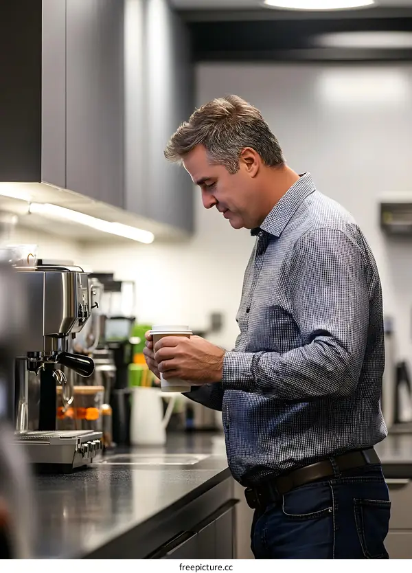 Man Holding a Cup of Coffee in Office Kitchen