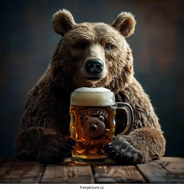 A bear is holding a beer mug with its paws on a wooden table