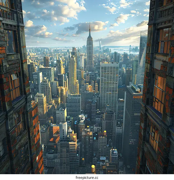 A view of the Manhattan skyline from between two buildings