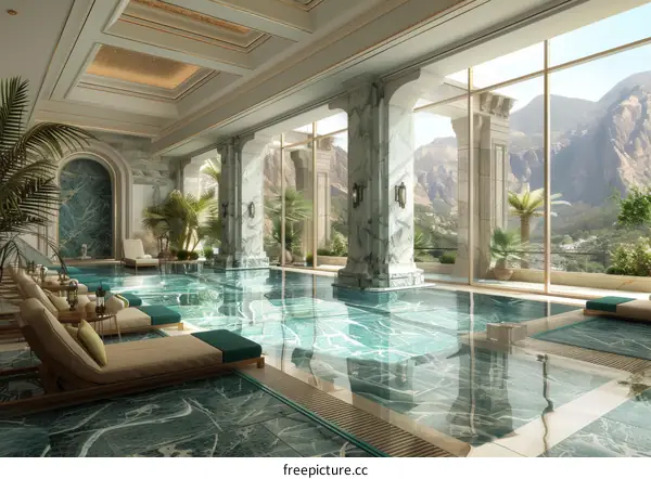 Luxurious Indoor Swimming Pool with Panoramic Mountain Views