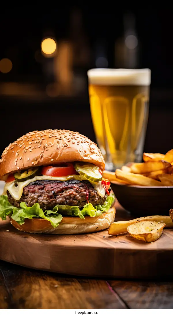 A delicious burger with fries and a glass of beer on a wooden table