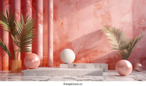 Pink Marble Podium Display with Decorative Plants