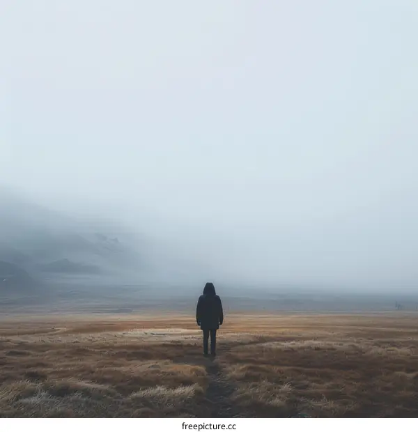 alone person in a foggy field