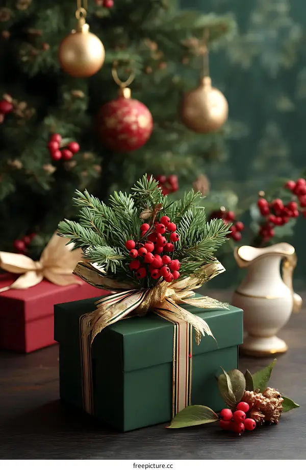 Christmas Gift Box Decorated with Fir and Berries