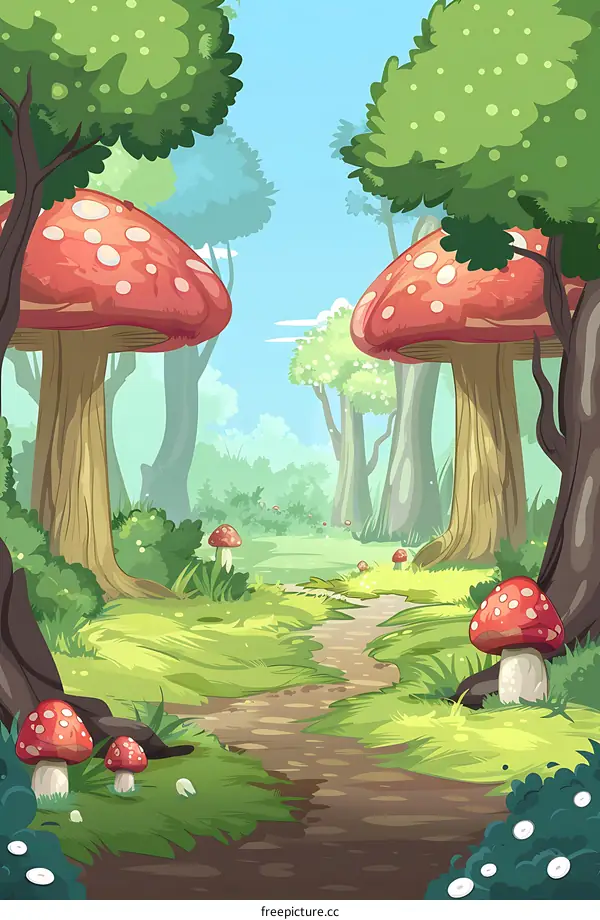 Forest Path with Red Mushrooms