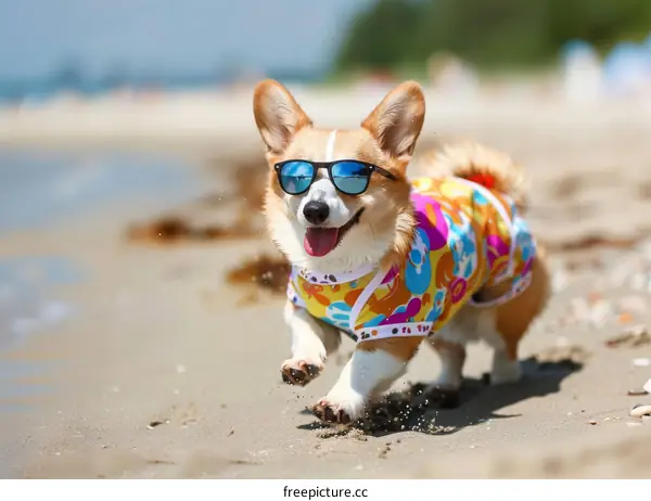 A happy corgi wearing sunglasses runs on the beach