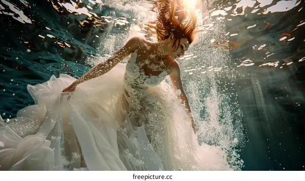 Underwater photoshoot of a woman in a wedding dress
