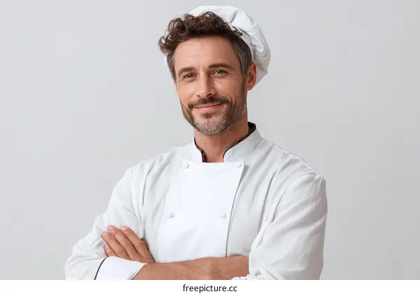 Professional Male Chef in White Uniform with Crossed Arms