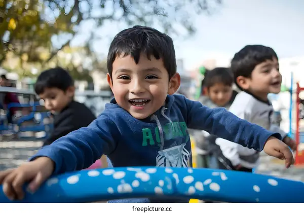 Happy Children Playing on Playground Equipment in Park