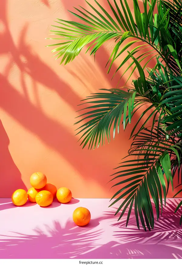 Orange Fruit and Palm Leaves on Pink and Orange Background
