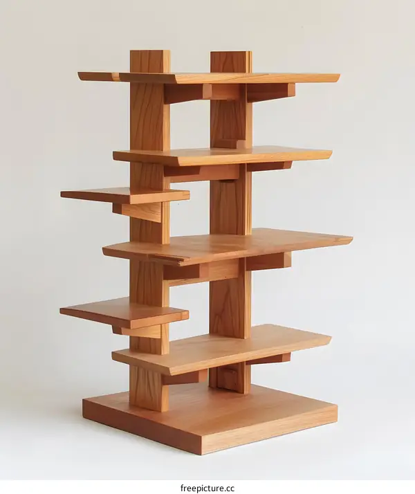 Wooden Shelf Design with Multiple Levels and Geometric Shape