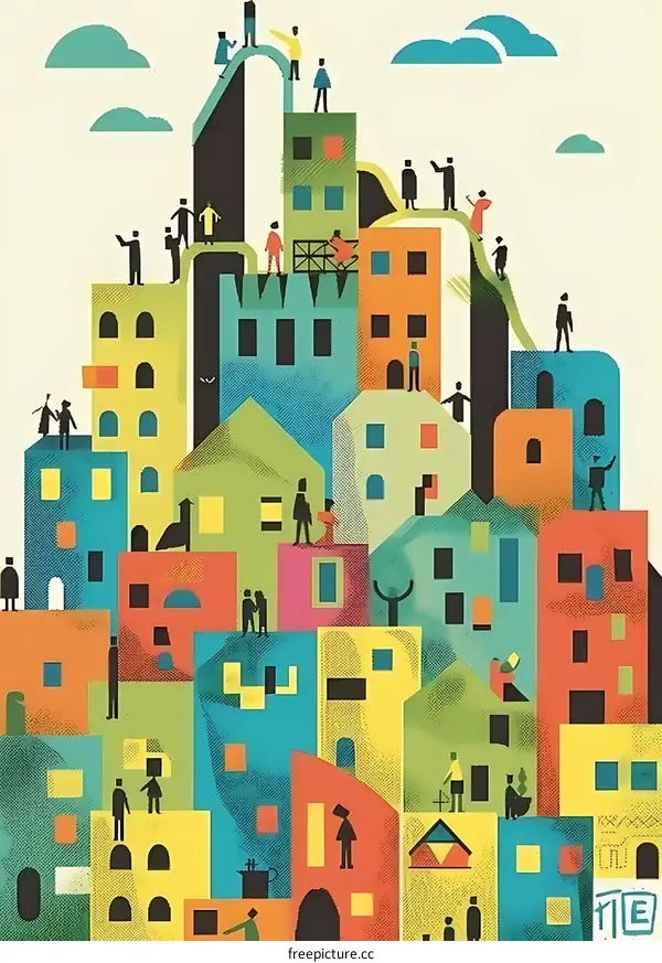 Abstract City Illustration With People On Top Of Buildings