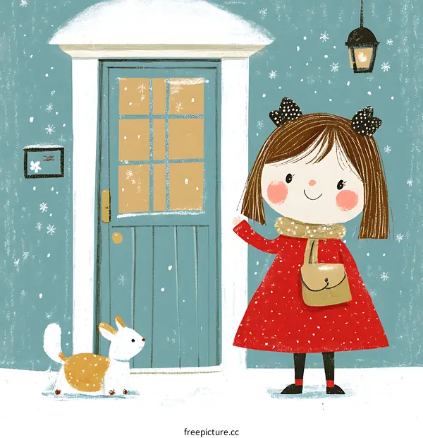 Girl Waving Goodbye In Front Of Door With Dog In Snow