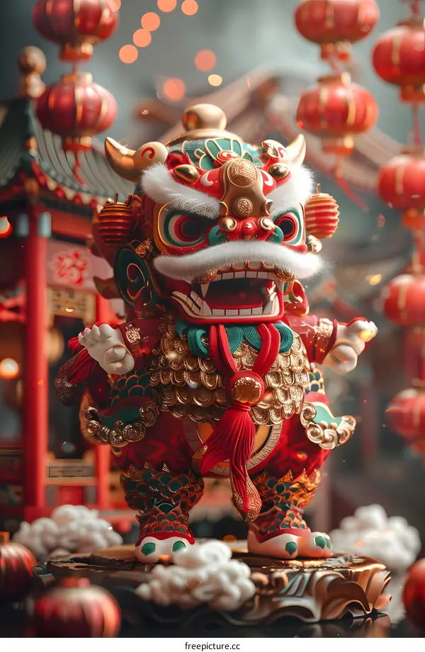 A cute cartoon lion performing the lion dance in front of a traditional Chinese courtyard.
