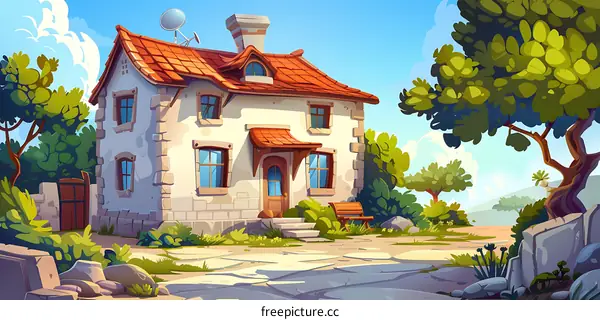 Cartoon Illustration of a Small House with a Red Roof in a Lush Green Garden