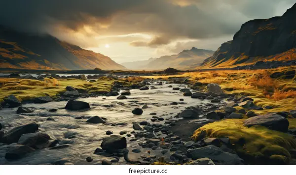 A river flowing through a valley in the highlands of Iceland