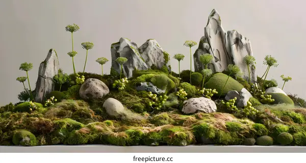 Green Moss and Stone Mountain Landscape Still Life