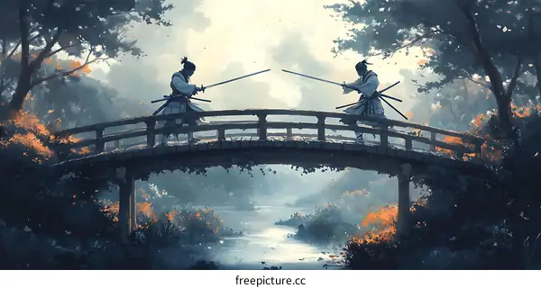 Samurai Duel on Ancient Wooden Bridge
