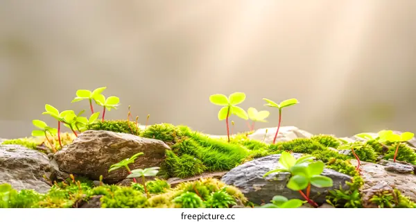 Green Plants Growing Out Of Rocks With Soft Light In The Background