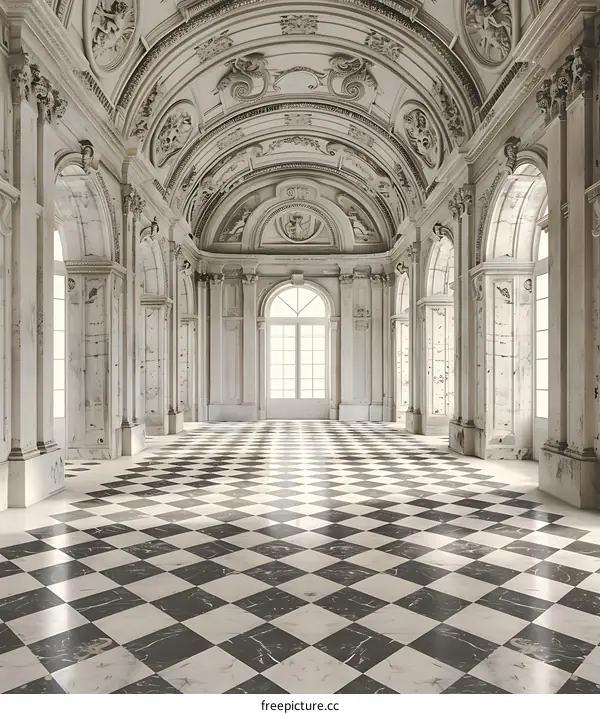 Checkerboard Floor In White Marble Palace Hall