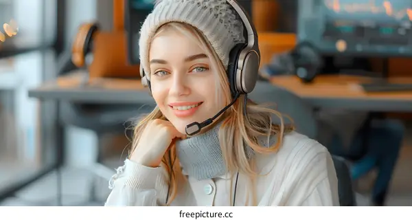 Smiling Woman Wearing a Knit Hat and Headset at Home